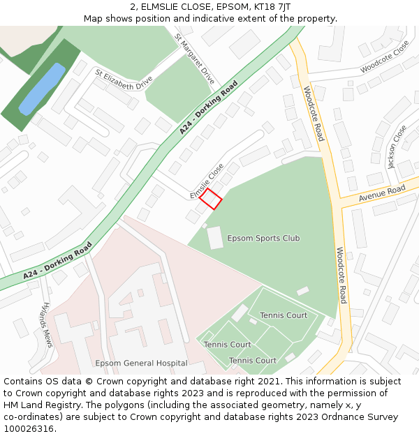 2, ELMSLIE CLOSE, EPSOM, KT18 7JT: Location map and indicative extent of plot