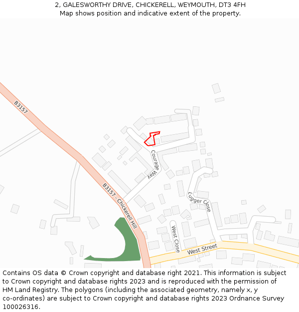 2, GALESWORTHY DRIVE, CHICKERELL, WEYMOUTH, DT3 4FH: Location map and indicative extent of plot