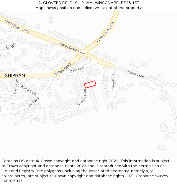 2, GLOVERS FIELD, SHIPHAM, WINSCOMBE, BS25 1ST: Location map and indicative extent of plot