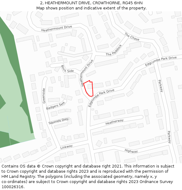 2, HEATHERMOUNT DRIVE, CROWTHORNE, RG45 6HN: Location map and indicative extent of plot