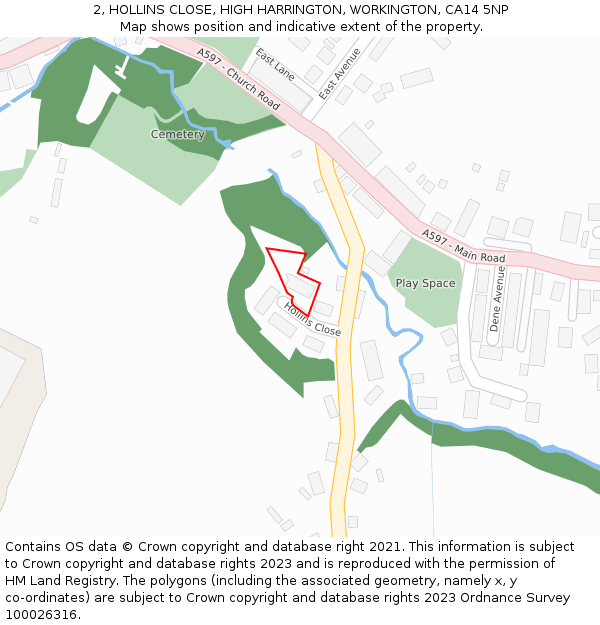 2, HOLLINS CLOSE, HIGH HARRINGTON, WORKINGTON, CA14 5NP: Location map and indicative extent of plot