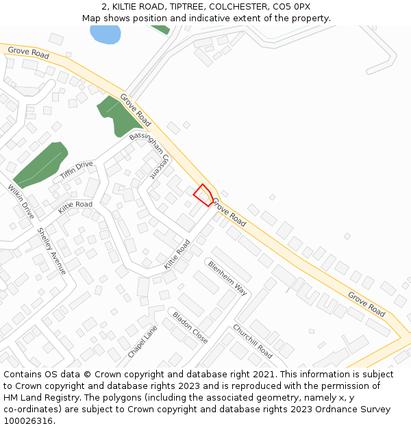 2, KILTIE ROAD, TIPTREE, COLCHESTER, CO5 0PX: Location map and indicative extent of plot