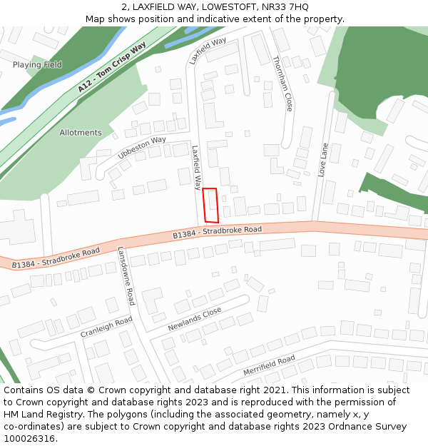 2, LAXFIELD WAY, LOWESTOFT, NR33 7HQ: Location map and indicative extent of plot