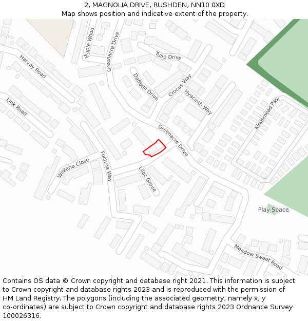 2, MAGNOLIA DRIVE, RUSHDEN, NN10 0XD: Location map and indicative extent of plot