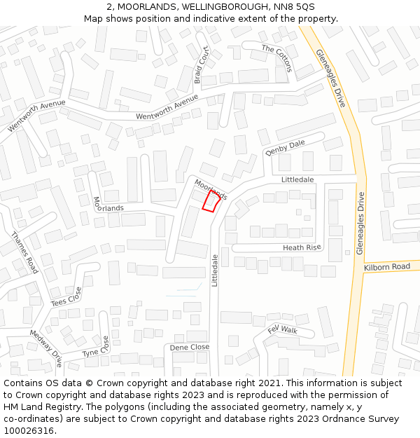 2, MOORLANDS, WELLINGBOROUGH, NN8 5QS: Location map and indicative extent of plot