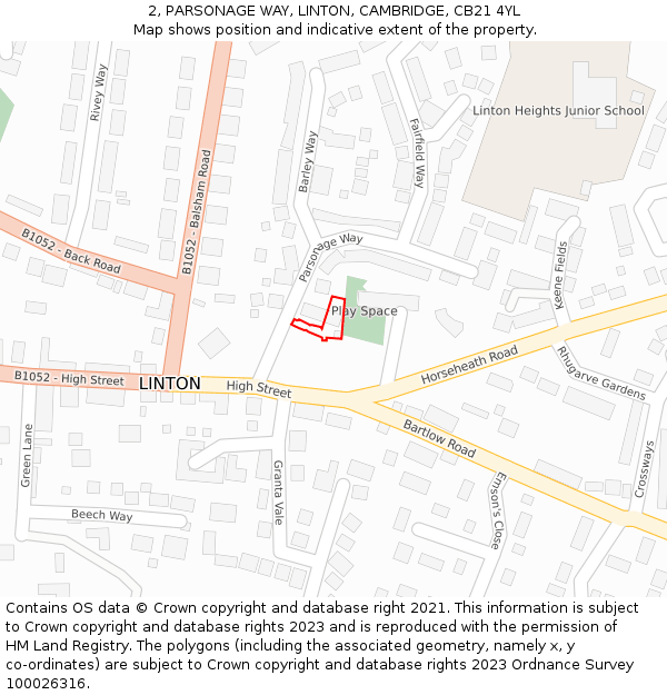 2, PARSONAGE WAY, LINTON, CAMBRIDGE, CB21 4YL: Location map and indicative extent of plot