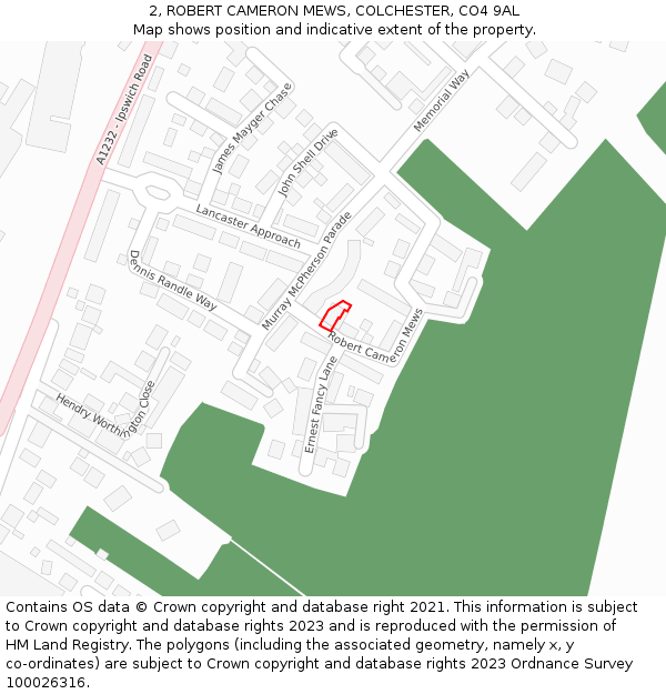 2, ROBERT CAMERON MEWS, COLCHESTER, CO4 9AL: Location map and indicative extent of plot