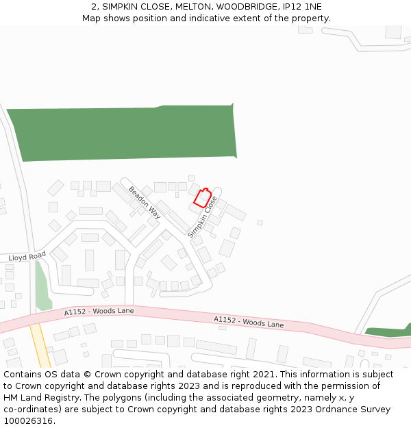 2, SIMPKIN CLOSE, MELTON, WOODBRIDGE, IP12 1NE: Location map and indicative extent of plot