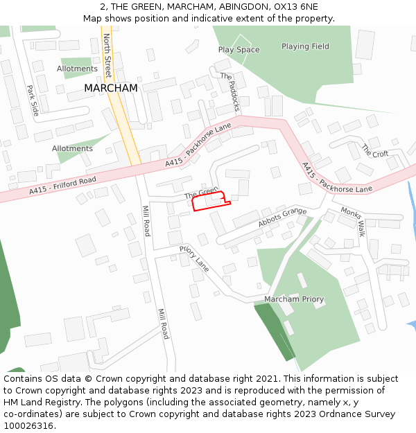 2, THE GREEN, MARCHAM, ABINGDON, OX13 6NE: Location map and indicative extent of plot