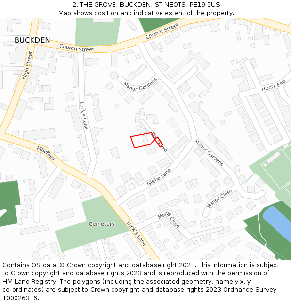 2, THE GROVE, BUCKDEN, ST NEOTS, PE19 5US: Location map and indicative extent of plot