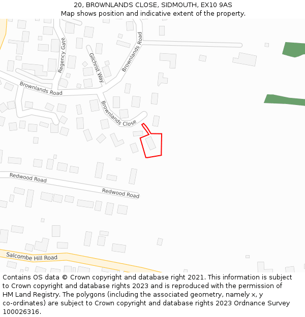 20, BROWNLANDS CLOSE, SIDMOUTH, EX10 9AS: Location map and indicative extent of plot