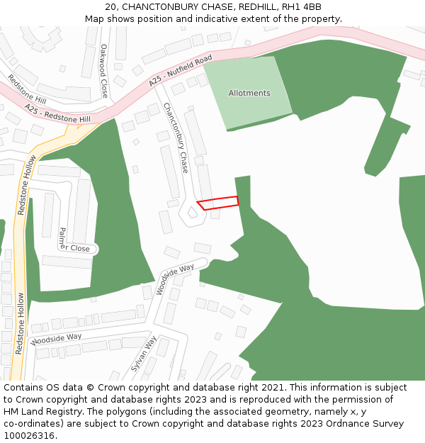 20, CHANCTONBURY CHASE, REDHILL, RH1 4BB: Location map and indicative extent of plot