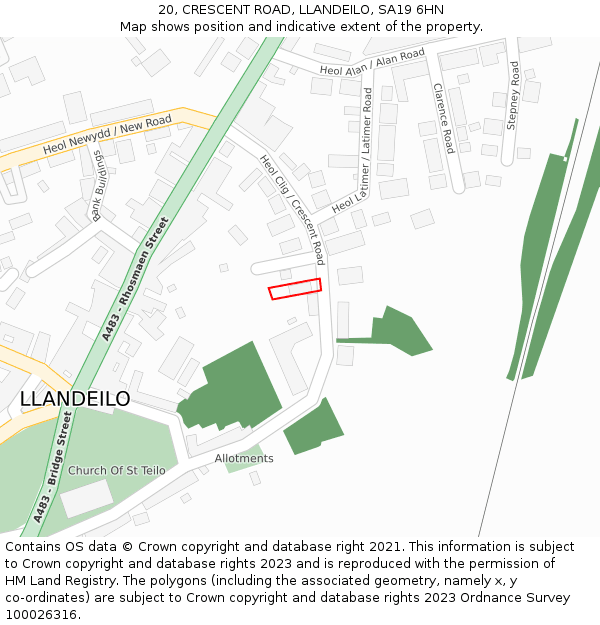 20, CRESCENT ROAD, LLANDEILO, SA19 6HN: Location map and indicative extent of plot