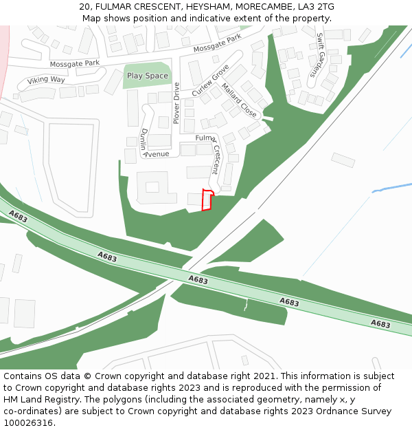 20, FULMAR CRESCENT, HEYSHAM, MORECAMBE, LA3 2TG: Location map and indicative extent of plot