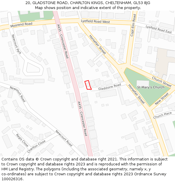 20, GLADSTONE ROAD, CHARLTON KINGS, CHELTENHAM, GL53 8JG: Location map and indicative extent of plot