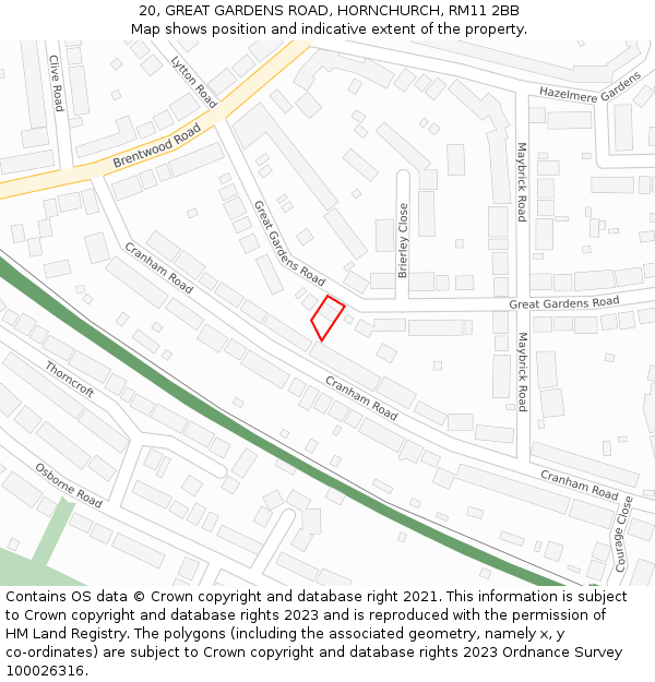 20, GREAT GARDENS ROAD, HORNCHURCH, RM11 2BB: Location map and indicative extent of plot