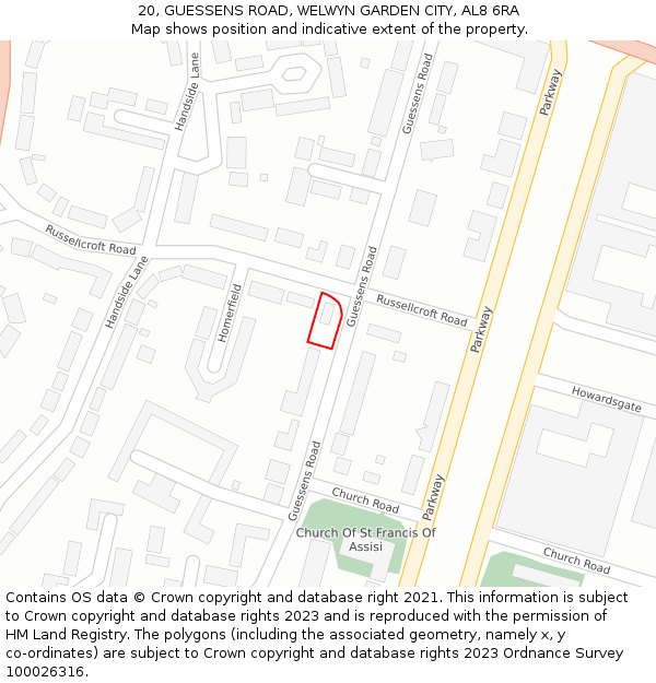 20, GUESSENS ROAD, WELWYN GARDEN CITY, AL8 6RA: Location map and indicative extent of plot