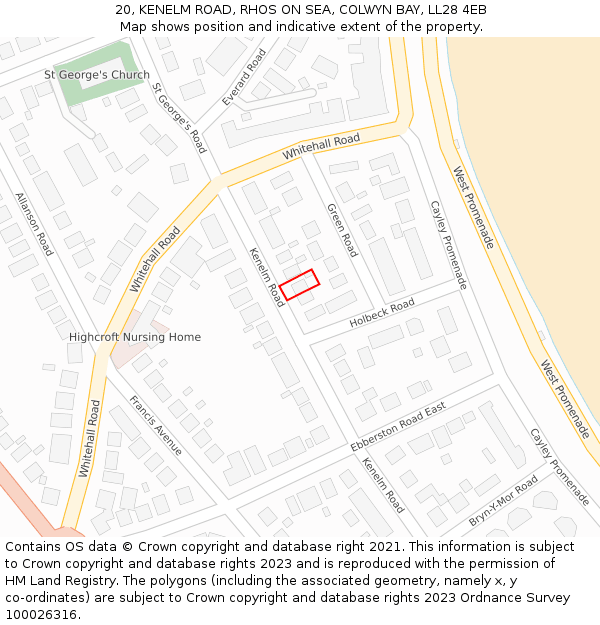 20, KENELM ROAD, RHOS ON SEA, COLWYN BAY, LL28 4EB: Location map and indicative extent of plot