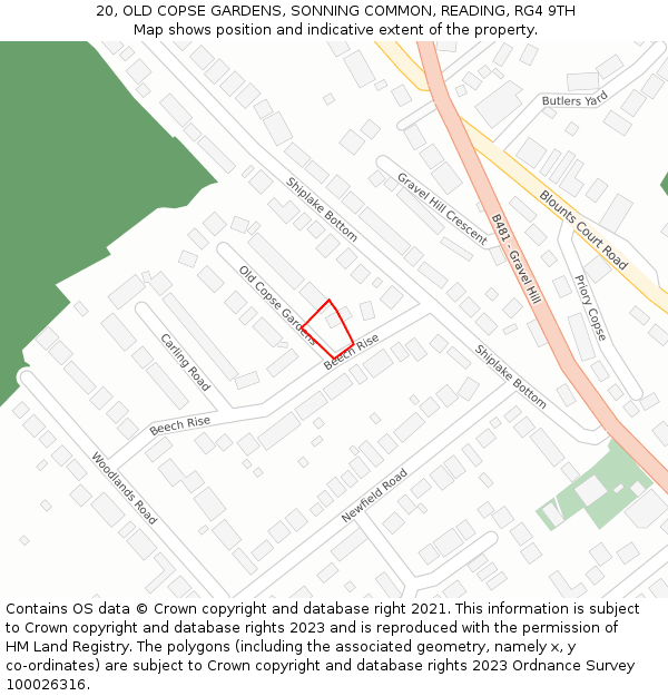 20, OLD COPSE GARDENS, SONNING COMMON, READING, RG4 9TH: Location map and indicative extent of plot