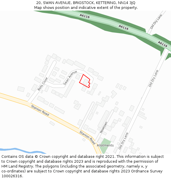 20, SWAN AVENUE, BRIGSTOCK, KETTERING, NN14 3JQ: Location map and indicative extent of plot