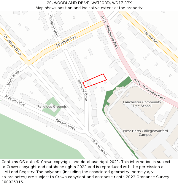 20, WOODLAND DRIVE, WATFORD, WD17 3BX: Location map and indicative extent of plot