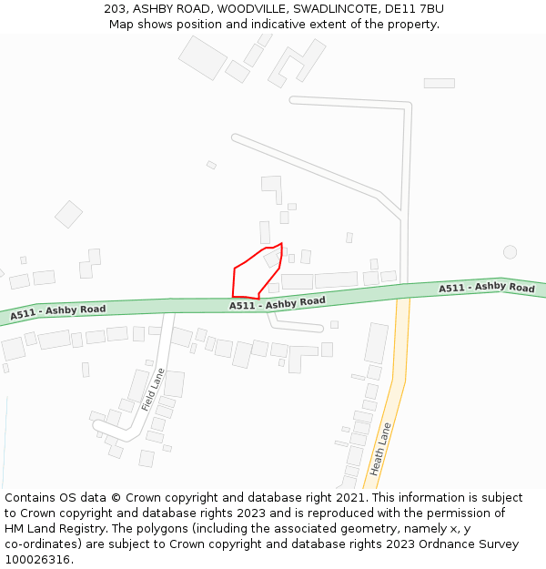 203, ASHBY ROAD, WOODVILLE, SWADLINCOTE, DE11 7BU: Location map and indicative extent of plot