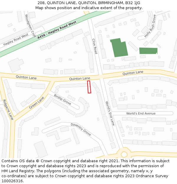 208, QUINTON LANE, QUINTON, BIRMINGHAM, B32 1JG: Location map and indicative extent of plot