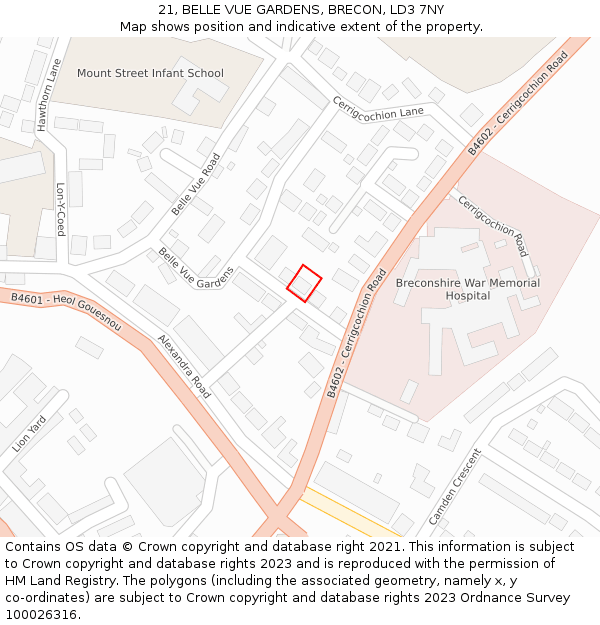 21, BELLE VUE GARDENS, BRECON, LD3 7NY: Location map and indicative extent of plot