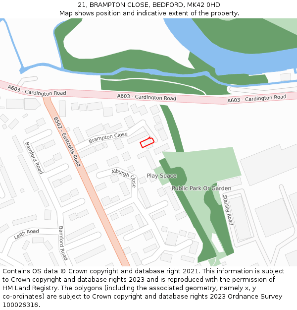 21, BRAMPTON CLOSE, BEDFORD, MK42 0HD: Location map and indicative extent of plot