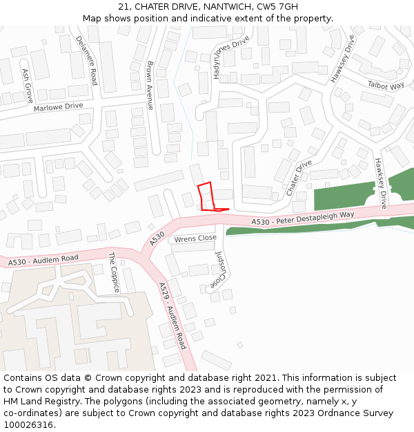 21, CHATER DRIVE, NANTWICH, CW5 7GH: Location map and indicative extent of plot