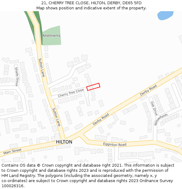 21, CHERRY TREE CLOSE, HILTON, DERBY, DE65 5FD: Location map and indicative extent of plot