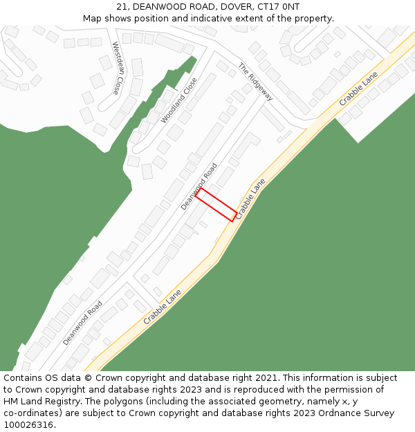 21, DEANWOOD ROAD, DOVER, CT17 0NT: Location map and indicative extent of plot