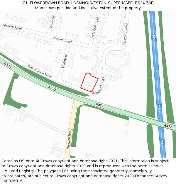 21, FLOWERDOWN ROAD, LOCKING, WESTON-SUPER-MARE, BS24 7AB: Location map and indicative extent of plot