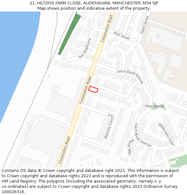 21, HILTONS FARM CLOSE, AUDENSHAW, MANCHESTER, M34 5JP: Location map and indicative extent of plot