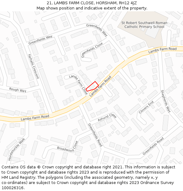 21, LAMBS FARM CLOSE, HORSHAM, RH12 4JZ: Location map and indicative extent of plot