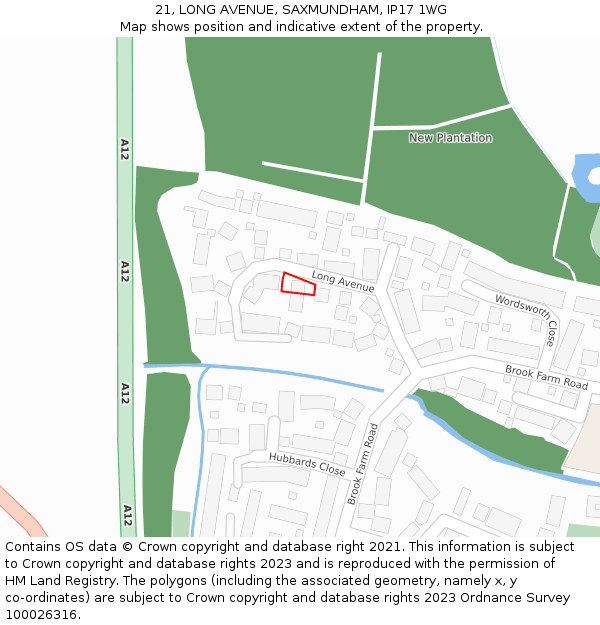 21, LONG AVENUE, SAXMUNDHAM, IP17 1WG: Location map and indicative extent of plot