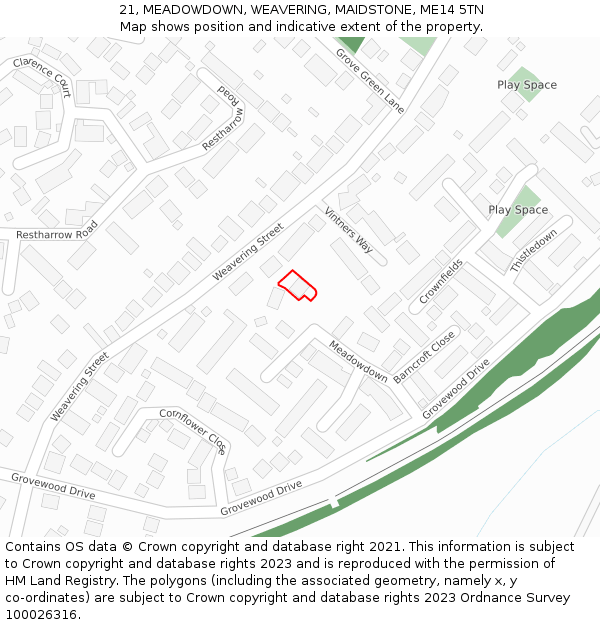 21, MEADOWDOWN, WEAVERING, MAIDSTONE, ME14 5TN: Location map and indicative extent of plot