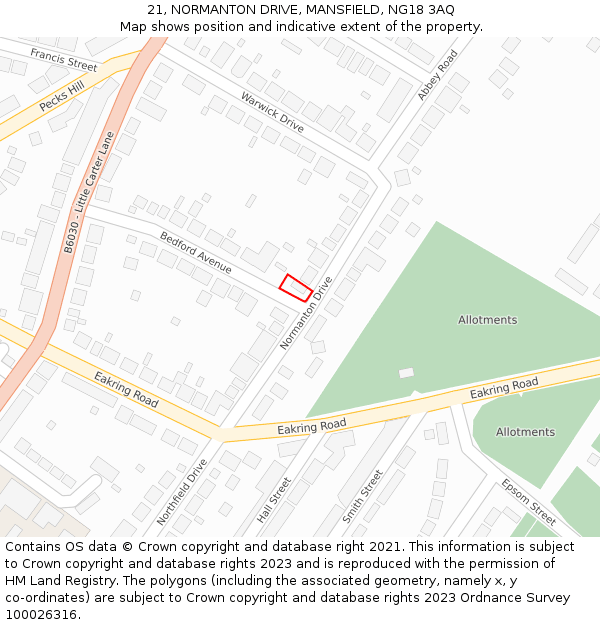 21, NORMANTON DRIVE, MANSFIELD, NG18 3AQ: Location map and indicative extent of plot