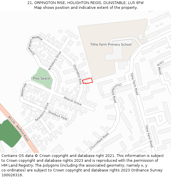 21, ORPINGTON RISE, HOUGHTON REGIS, DUNSTABLE, LU5 6FW: Location map and indicative extent of plot