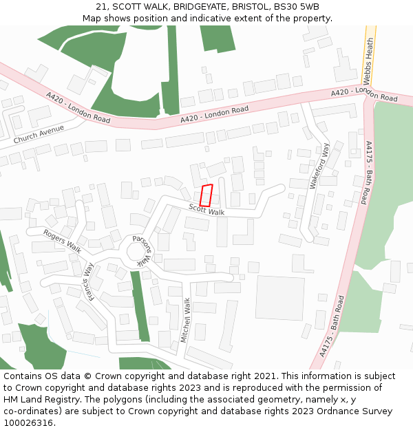 21, SCOTT WALK, BRIDGEYATE, BRISTOL, BS30 5WB: Location map and indicative extent of plot