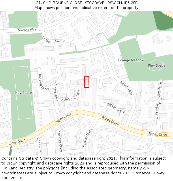 21, SHELBOURNE CLOSE, KESGRAVE, IPSWICH, IP5 2FP: Location map and indicative extent of plot