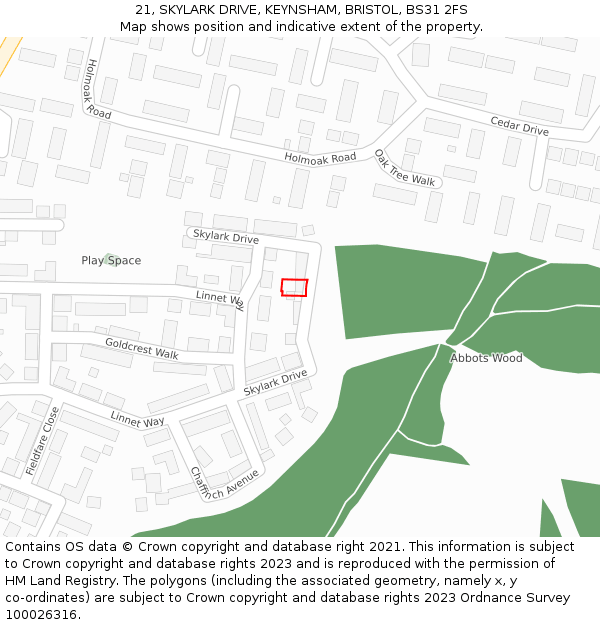 21, SKYLARK DRIVE, KEYNSHAM, BRISTOL, BS31 2FS: Location map and indicative extent of plot