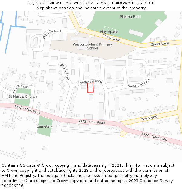 21, SOUTHVIEW ROAD, WESTONZOYLAND, BRIDGWATER, TA7 0LB: Location map and indicative extent of plot