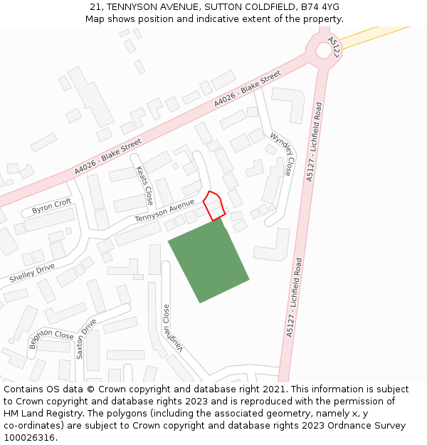 21, TENNYSON AVENUE, SUTTON COLDFIELD, B74 4YG: Location map and indicative extent of plot