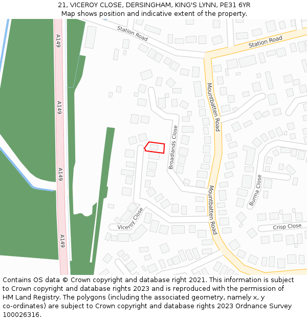 21, VICEROY CLOSE, DERSINGHAM, KING'S LYNN, PE31 6YR: Location map and indicative extent of plot