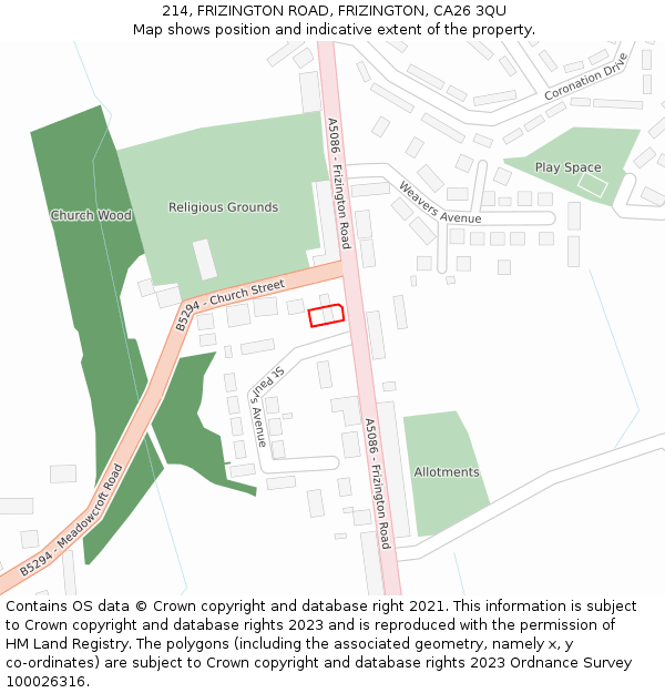 214, FRIZINGTON ROAD, FRIZINGTON, CA26 3QU: Location map and indicative extent of plot