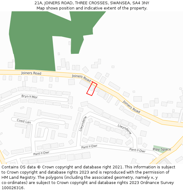 21A, JOINERS ROAD, THREE CROSSES, SWANSEA, SA4 3NY: Location map and indicative extent of plot