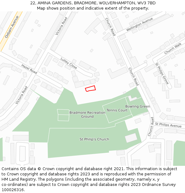 22, AMINA GARDENS, BRADMORE, WOLVERHAMPTON, WV3 7BD: Location map and indicative extent of plot