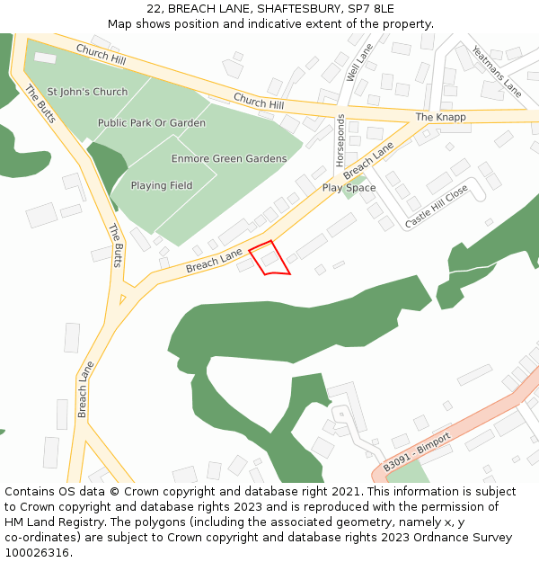 22, BREACH LANE, SHAFTESBURY, SP7 8LE: Location map and indicative extent of plot