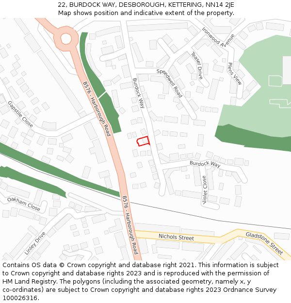 22, BURDOCK WAY, DESBOROUGH, KETTERING, NN14 2JE: Location map and indicative extent of plot